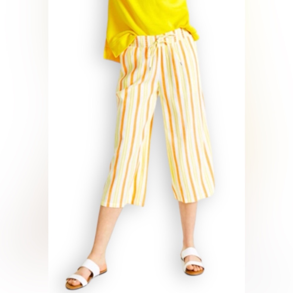Style & Co Yellow & Orange Striped Wide Leg Size Medium Cropped Pants, Pockets
